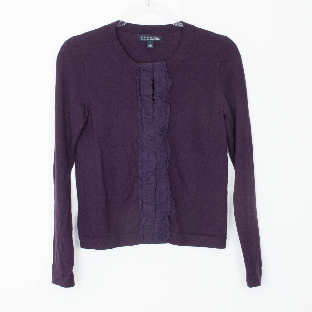 Banana Republic Merino Wool Cardigan Ruffle Front Purple Fitted Sweater Size S